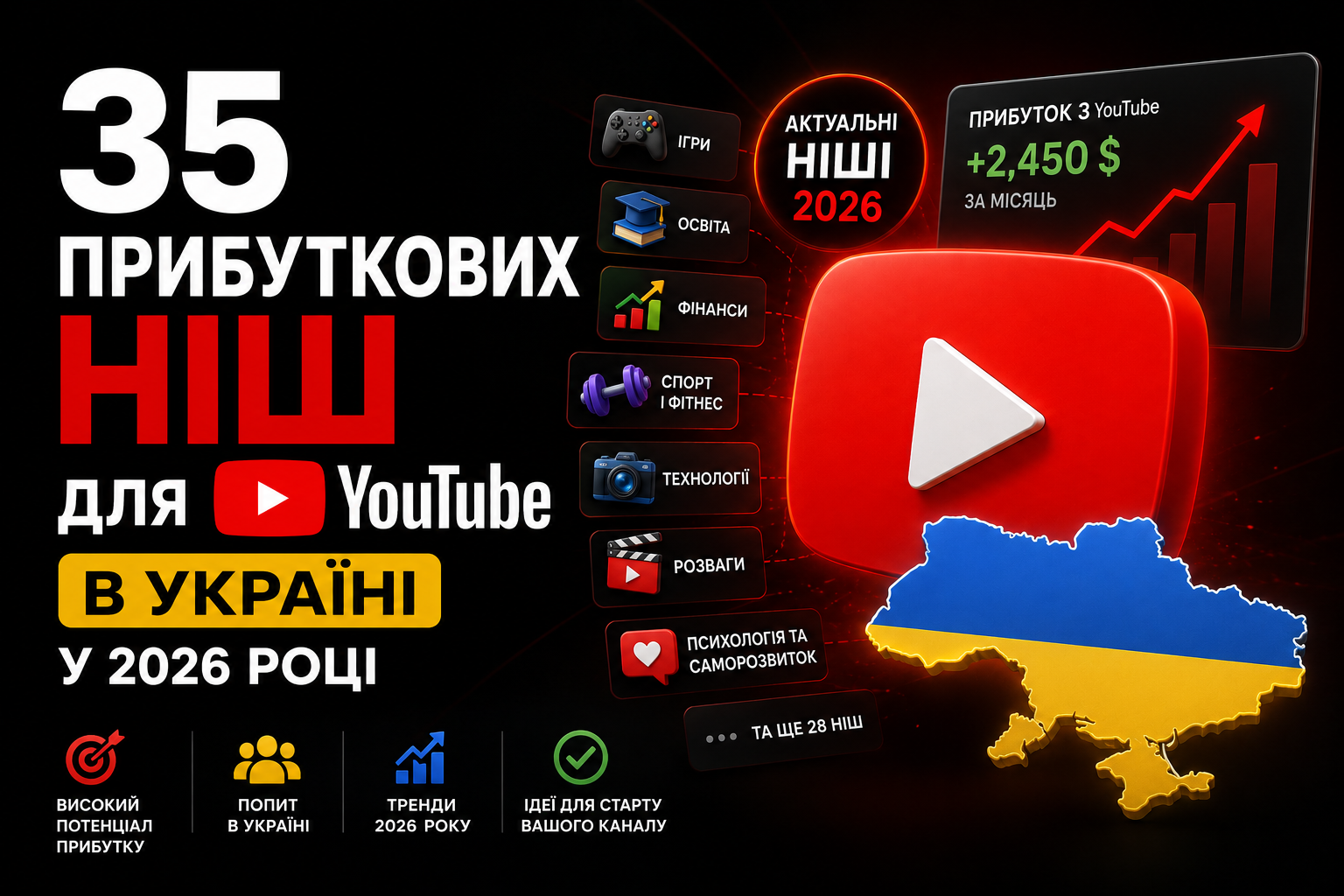 35 прибуткових ніш для YouTube в Україні у 2026 році